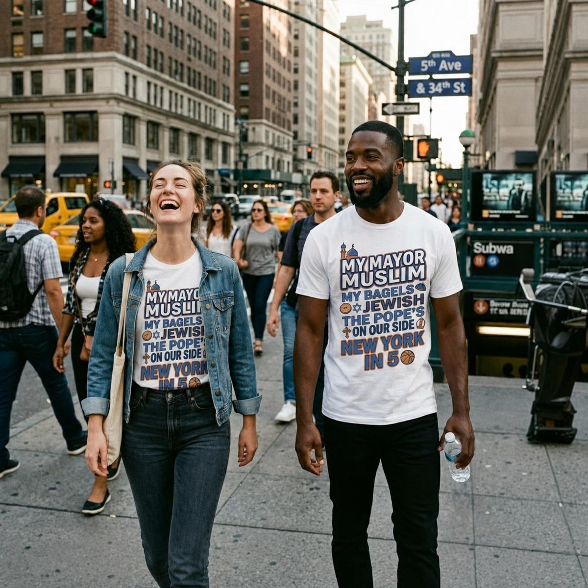 A couple wearing the City of Us tee on a New York City street