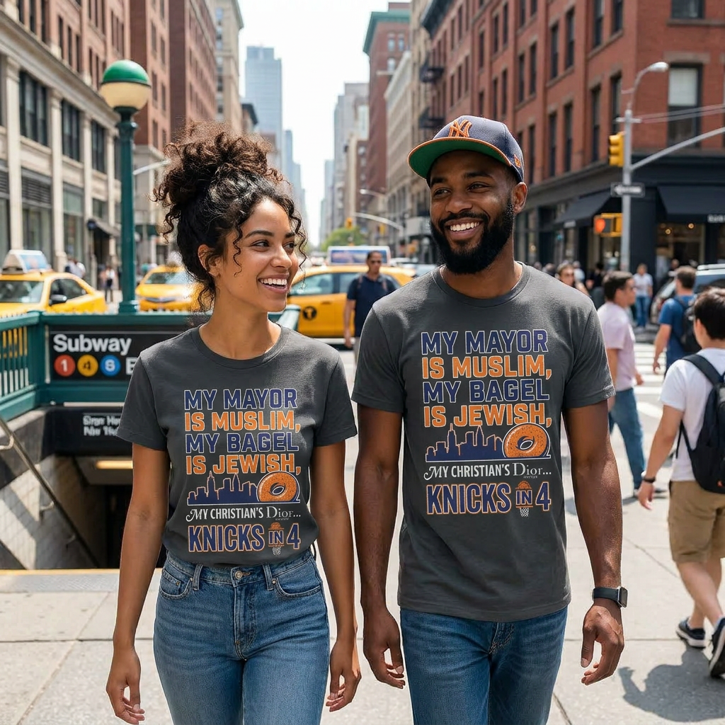 A couple wearing the City of Us tee on a New York City street